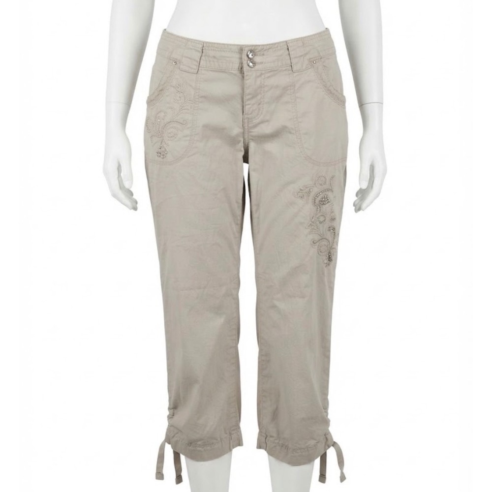Embroidered Khaki Capri Pants 8 Rhinestone Floral Y2K Drawstring Hem Tan